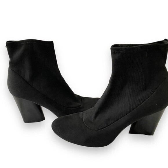 Gunmetal Black Sock Ankle Booties Slip On Round Toe Ribbed Fabric Boots Chunky - Picture 7 of 10